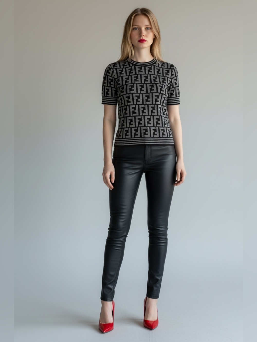 Fendi Black and Gray Logo Knit Slim Short-Sleeve Sweater